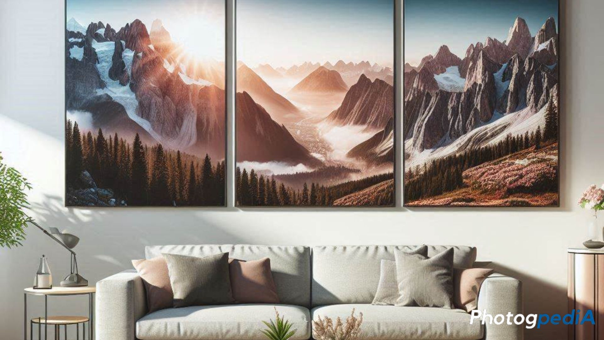 A photo of a panoramic metal print displayed in a living room.